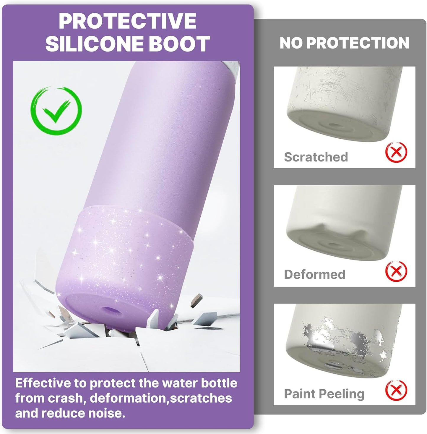 Silicone Water Bottle Boot for Owala 24 oz 32 oz 40 oz, Anti-Slip Protective Sleeve for Owala Twist & FreeSip & Flip Stainless Steel Water Bottle, Boot Bottom Base(Glitter Purple)