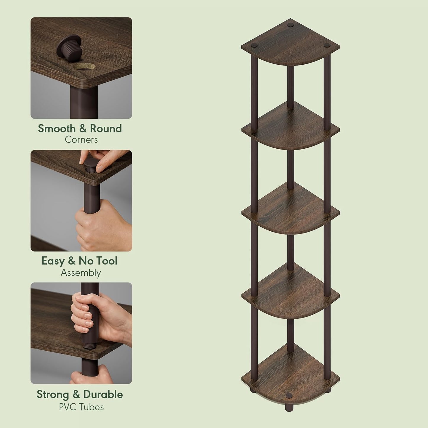 Furinno Turn-N-Tube Corner Shelf, 5-Tier Corner Bookshelf, Open Storage Shelves, for Organization and Storage, Living Room, Home Office, Garage, Bedroom, Black Walnut