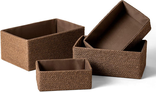 LA JOLIE MUSE Paper Rope Woven Storage Basket Set of 4 with Fabric Liner, Stackable Multipurpose Organizer Bin, Brown