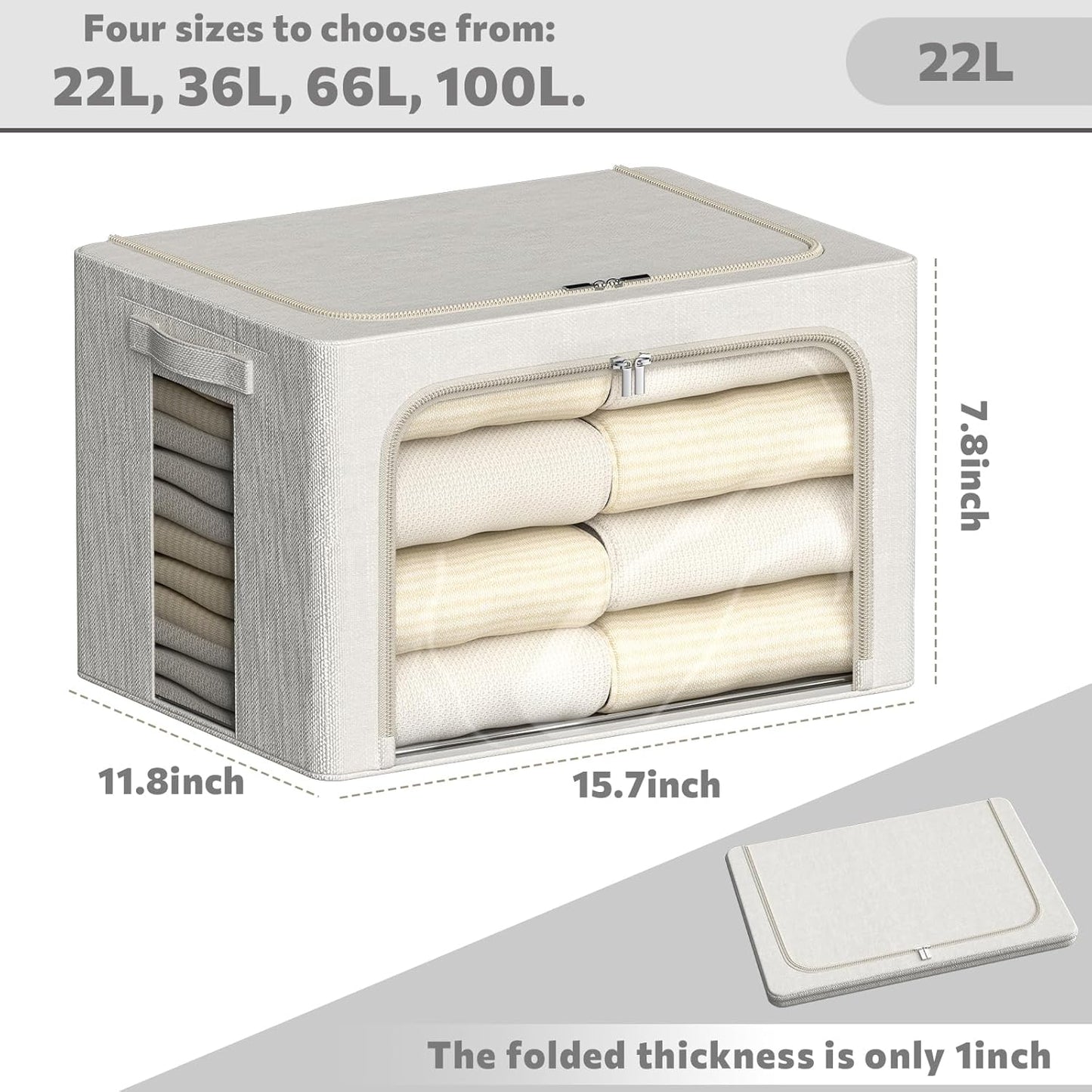 FHSQX 2 Pack Clear Window Storage Bins Large Stackable Linen Fabric Storage for Clothes Foldable Container Organizer Set with Carrying Handles (Lvory White, 15.7x 11.8x 7.8Inch)