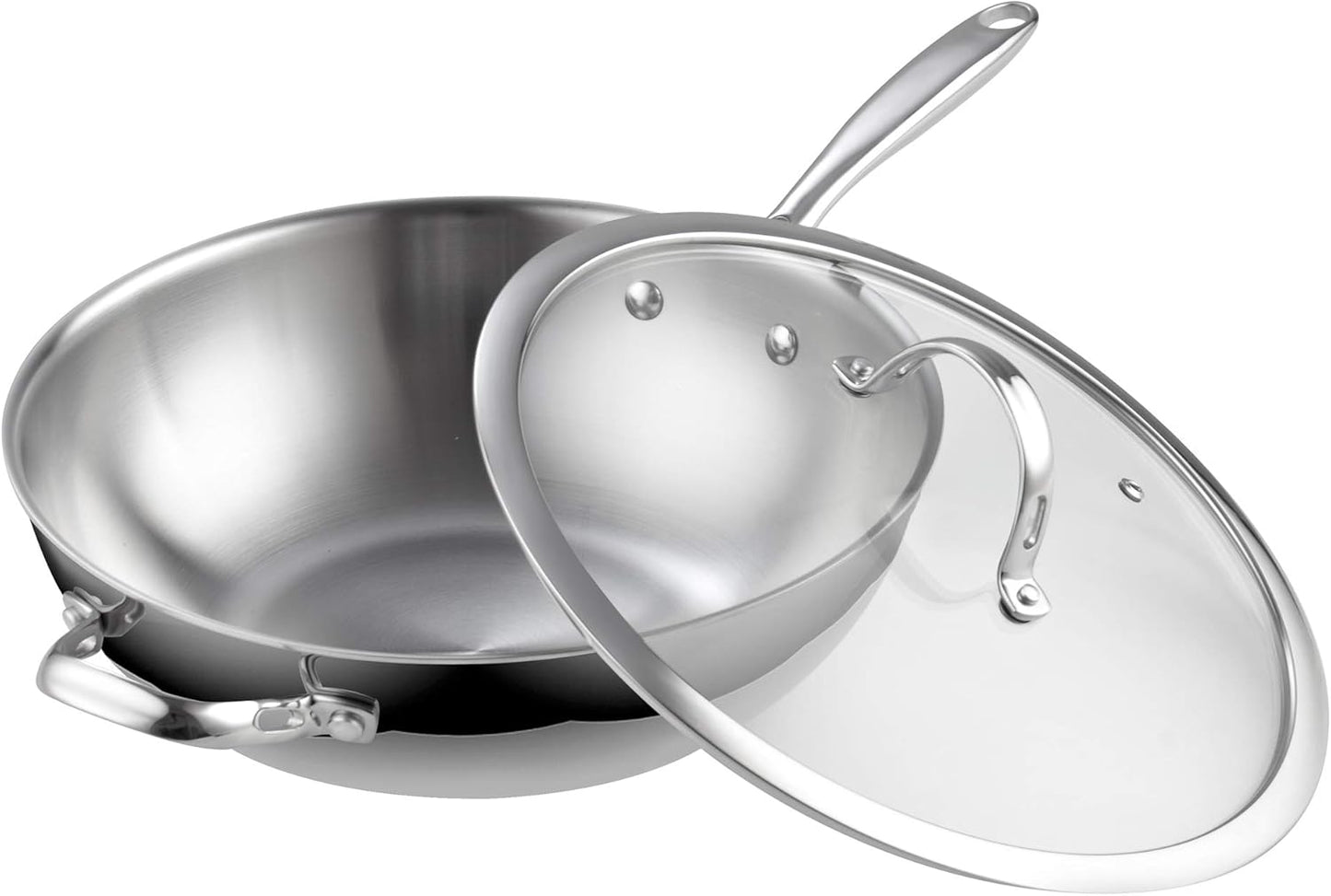 Cooks Standard Wok Pan Stainless Steel, 12-Inch Multi-Ply Clad Stir Fry Pan with Glass Lid, Induction Cookware, Silver