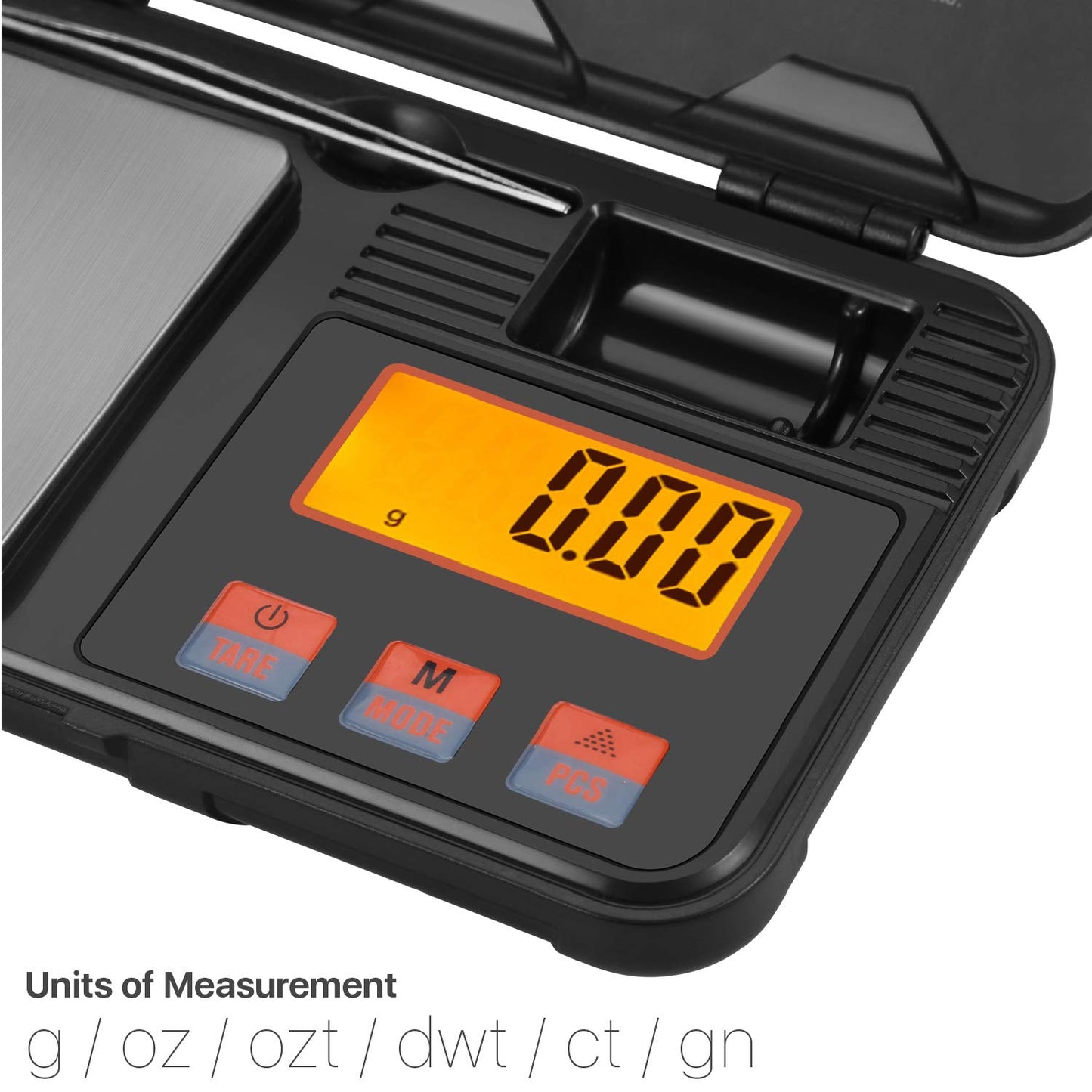 Flexzion Pocket Scales Digital Weight Grams 50g / 0.01g – Mini Portable Food Scale with LCD Display, 6 Units, Tare, Tweezers & 50g Calibration Weight – Stainless Steel Portable Scale