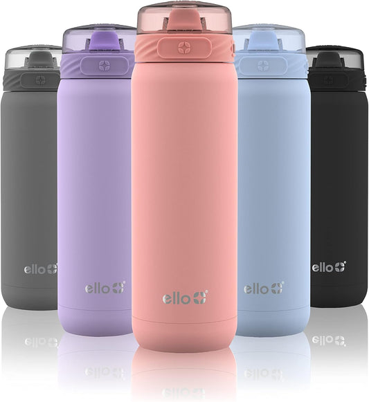 Ello Cooper 22oz Stainless Steel Water Bottle with Straw and Carry Handle, Double Walled and Vacuum Insulated Metal, Leak Proof Locking Lid with Soft Silicone Spout, Reusable, BPA Free, Coral