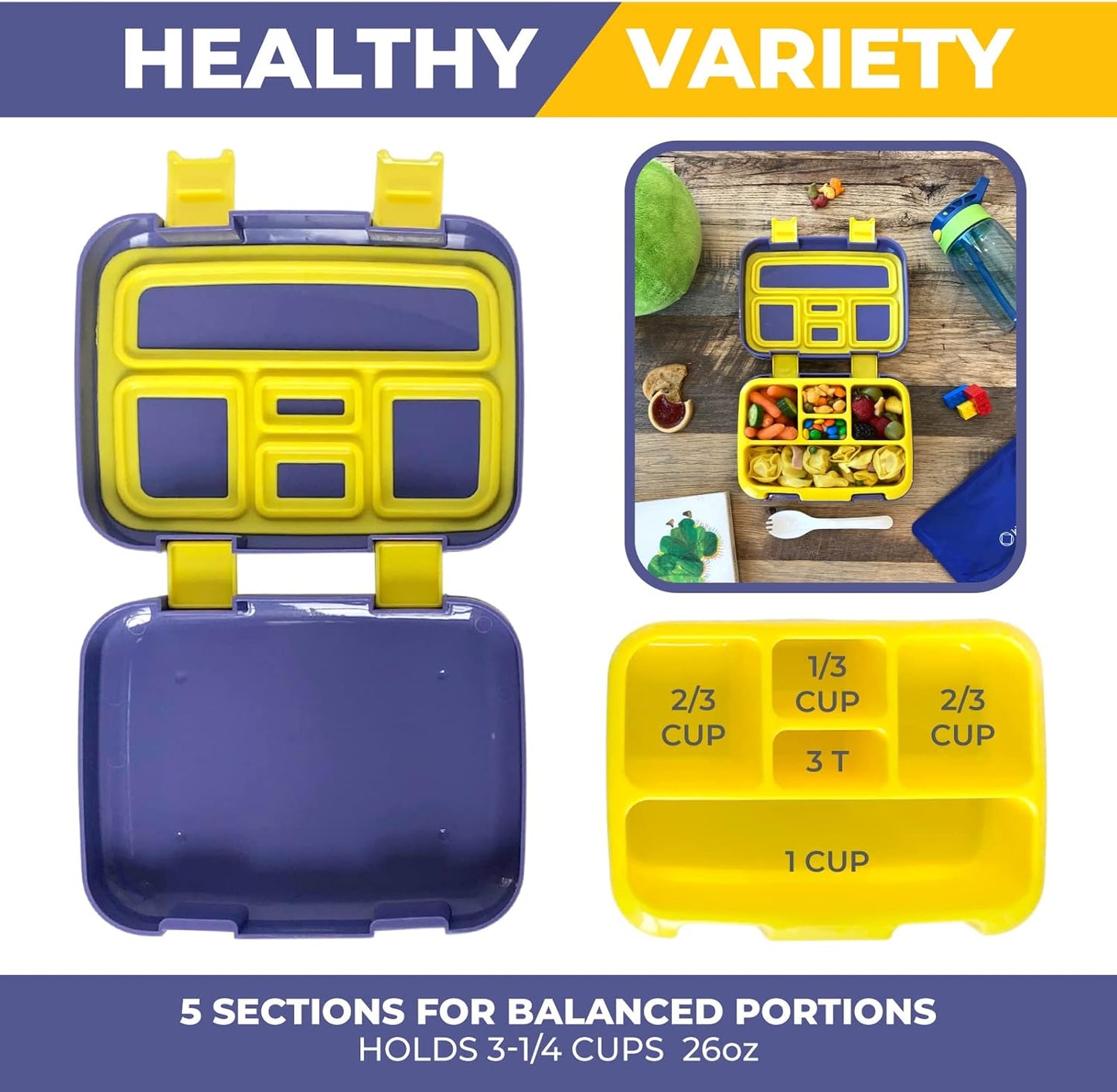 Bento Box, Insulated Lunch Bag, Ice Pack & Water Bottle Set for Kids - 5 Compartments, Lunches or Snack Container Boys Toddlers Daycare Pre-School, Kindergarten Blue Yellow Trucks