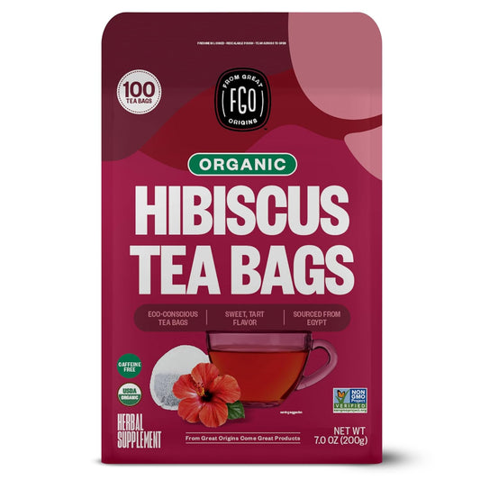 FGO Organic Hibiscus Tea, 100 Count, Eco-Conscious Tea Bags, Caffeine Free, Packaging May Vary (Pack of 1)