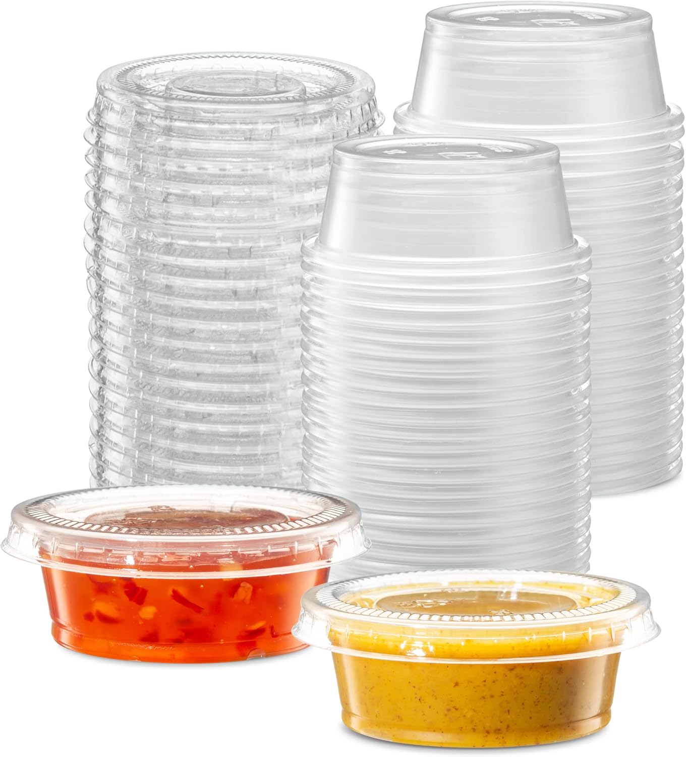 {1.5 oz - 100 Sets} Clear Diposable Plastic Portion Cups With Lids, Small Mini Containers For Portion Controll, Jello Shots, Meal Prep, Sauce Cups, Slime, Condiments, Medicine, Dressings, Crafts, Disposable Souffle Cups & Much more