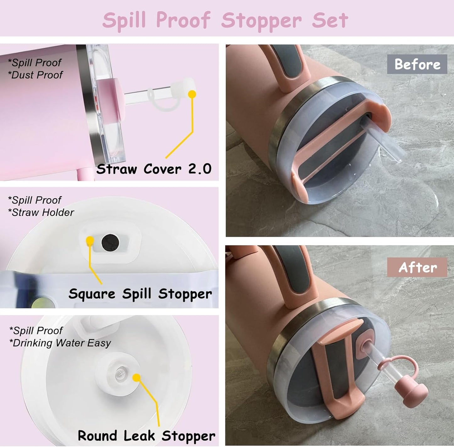 Stanley Cup Accessories Set,Including 2 Pcs 0.4in Straw Cover, 1 Silicone Spill-Proof Stopper Set of 3, 1 Cute Maple Handle Charm, 1 Silicone Boot Fits Stanley 40&30 Oz Tumbler (Peony 2.0)