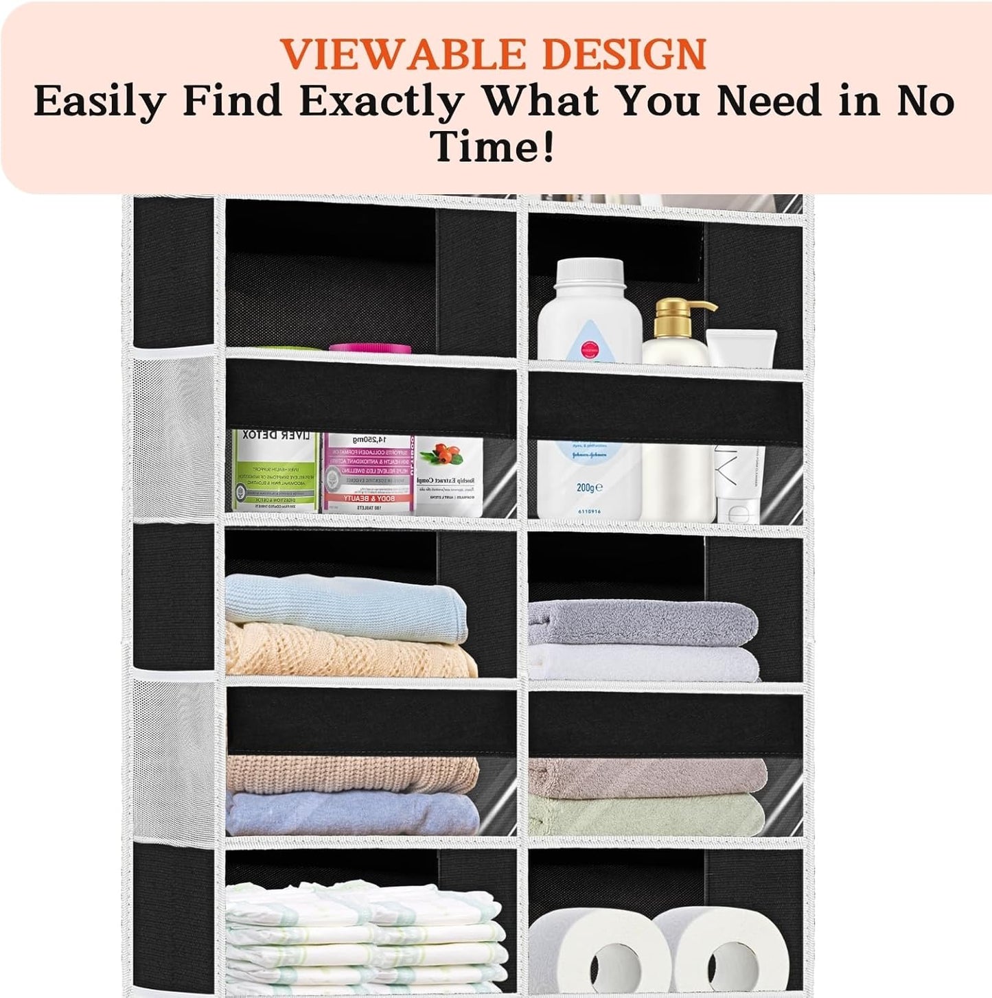 Over The Door Organizer 6 Tiers, Extra Large Behind Door Storage of 12 Compartments, 80 lbs Weight Capacity Hanging Storage Organizer with Clear Window Kids Toys, Shoes, Diapers, Room Storage,Black