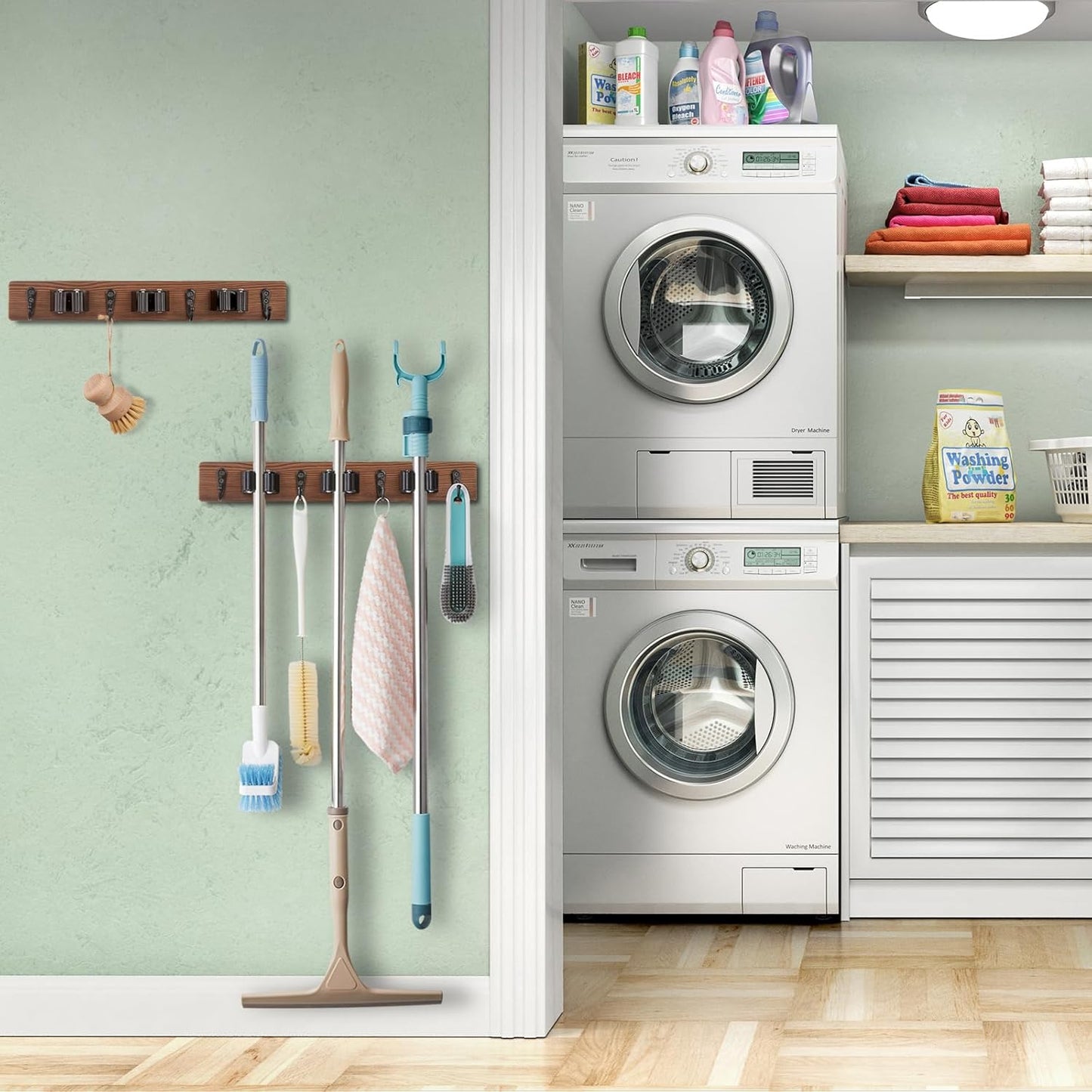 2 Pack Mop Broom Holder Wall Mount with 3 Slots & 4 Hooks - Rustic Wood Broom Mop Hanger for Pantry Kitchen Organization - Garden Tool Organizer for Closet Laundry Room