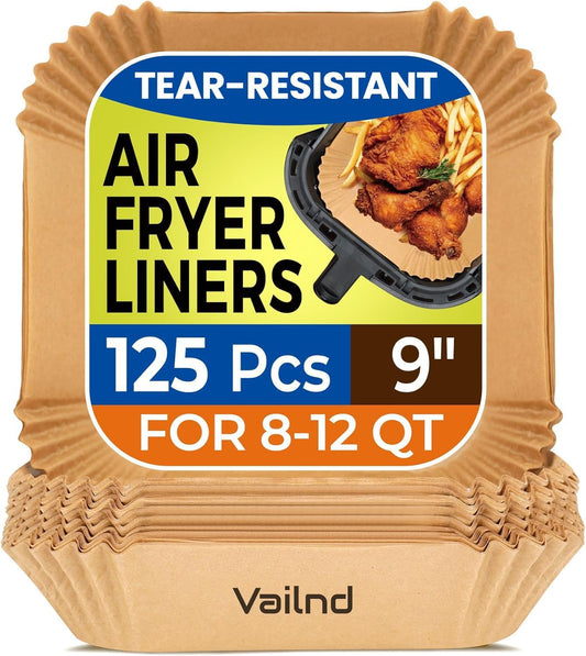 Vailnd 9inch Square Air Fryer Disposable Paper Liners, 125PCS Non-Stick Food Grade Parchment Liner, Oil Resistant, Waterproof, Food Grade Baking Paper for 8-12 QTMicrowave