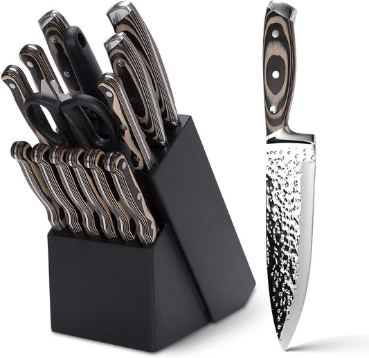 Kitchen Knife Set,15-Piece Knife Set With Block Wooden,Self Sharpening For Chef Knife Set,High Carbon Japan Stainless Steel Hammered Collection Knife Block Set with Steak Knives (Gray)