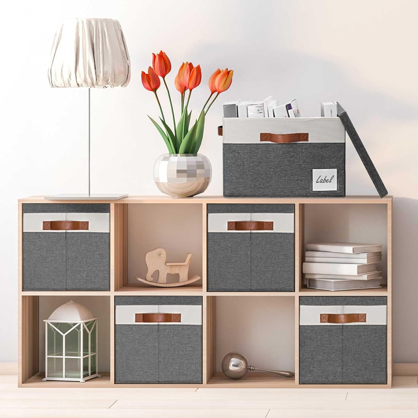 GhvyenntteS Storage Bins with Lids 3 Pack, Large Storage Baskets with Lids and Label, Foldable Fabric Storage Boxes with 3 PU Handles for Organizing Shelves Home Nursery Office (Grey, 15x11x9.6)