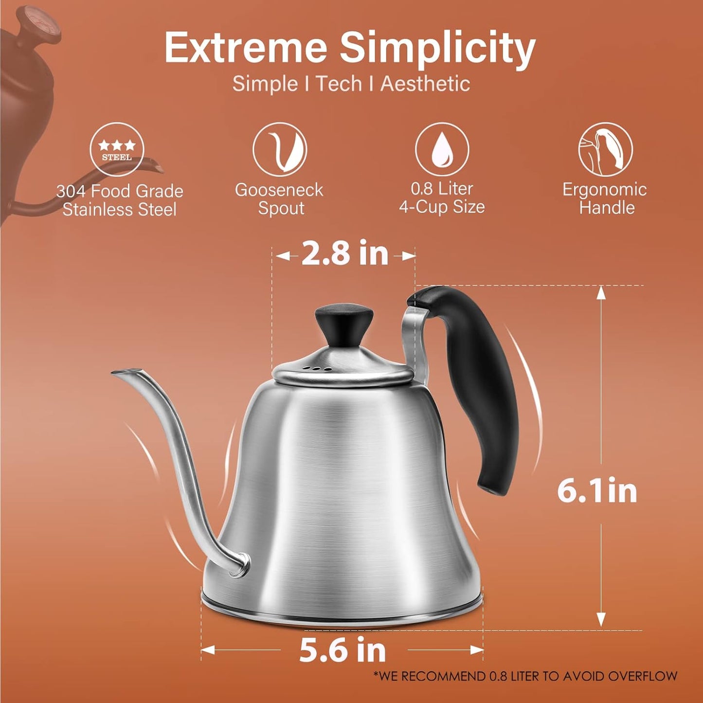 Coffee Kettle for Stove Top Premium Gooseneck Kettle, Pour Over Coffee Tea Pot, Stovetop Teapot, Hot Water Heater for Camping, Home & Kitchen, Stainless Steel - Small 28oz, Brushed