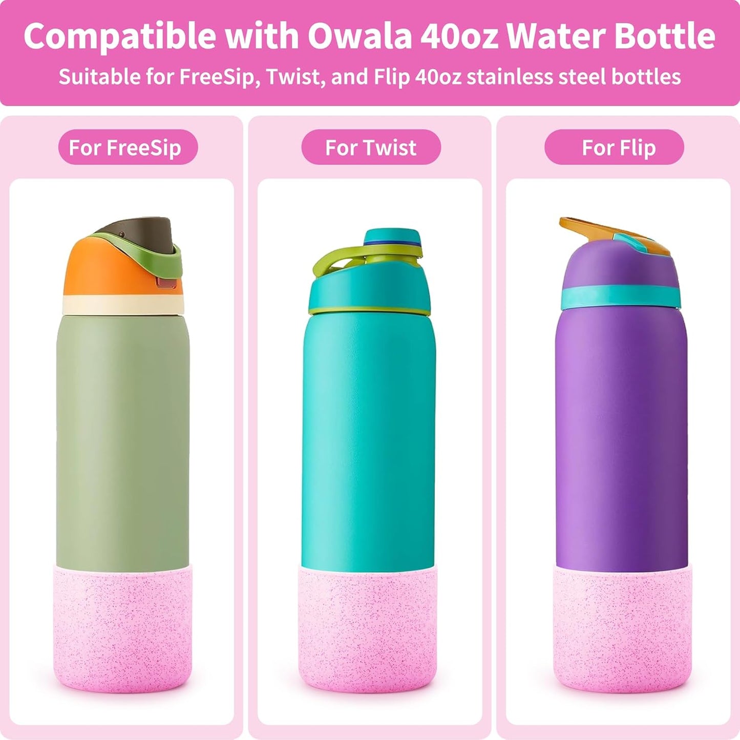 Silicone Water Bottle Boot for Owala 40 oz, Anti-Slip Protective Sleeve for Owala Twist & FreeSip & Flip Stainless Steel Water Bottle, Boot Bottom Base (Glitter Pink)