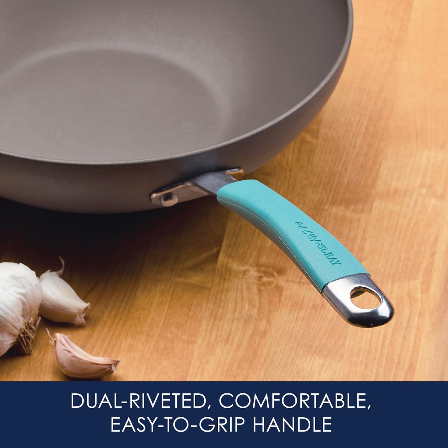 Rachael Ray Cucina Hard-Anodized Nonstick Covered Stir Fry Pan, 11-Inch, Gray, Agave Blue Handles