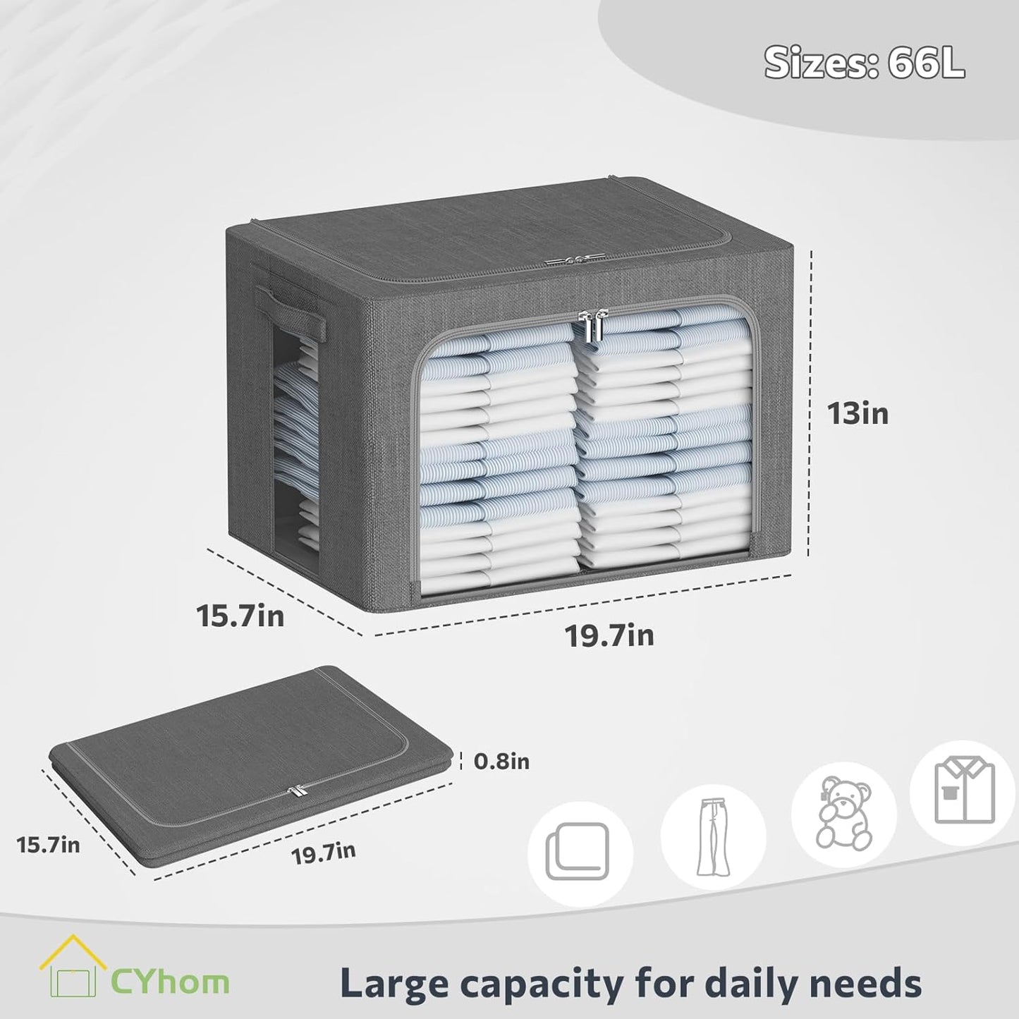 Clothes Storage Bins Box - Linen Fabric Foldable Stackable Container Organizer Set with Clear Window & Carry Handles & Metal Frame - 2Pack Large Capacity for Bedding, Blankets, Books