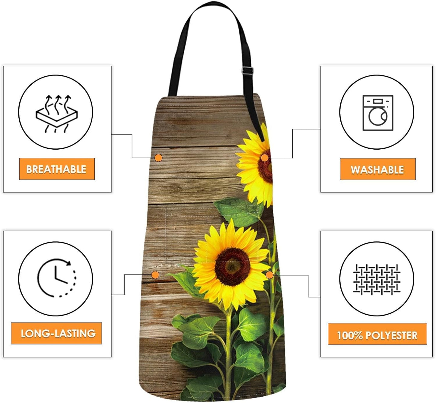 Britimes Apron Home Kitchen Cooking Baking Gardening for Women Men with Pockets Autumn Sunflowers Wooden Board Flower 32x28 inch