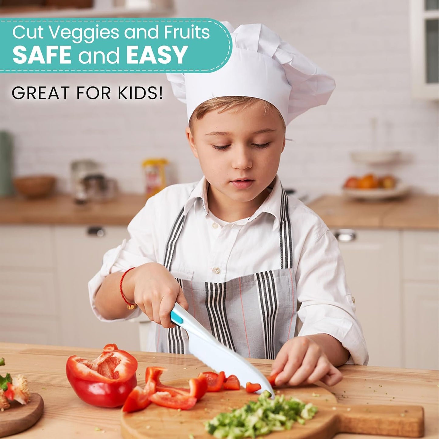Zulay Kitchen 3-Piece Kids Knife Set for Real Cooking & Baking - Toddler Knives for Cutting Fruits, Veggies, & Cake - Children’s Montessori Knive with Serrated Edges - Safe & Fun Lettuce Knife (Multi)