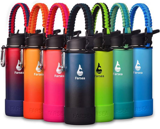 Farsea Insulated Water Bottle With Paracord Handle, Protective Silicone Boot and 2 Lids (Straw Lid & Spout Lid), Stainless Steel Water Bottle Wide Mouth, Double Wall Sweat-Proof BPA-Free, 18 oz