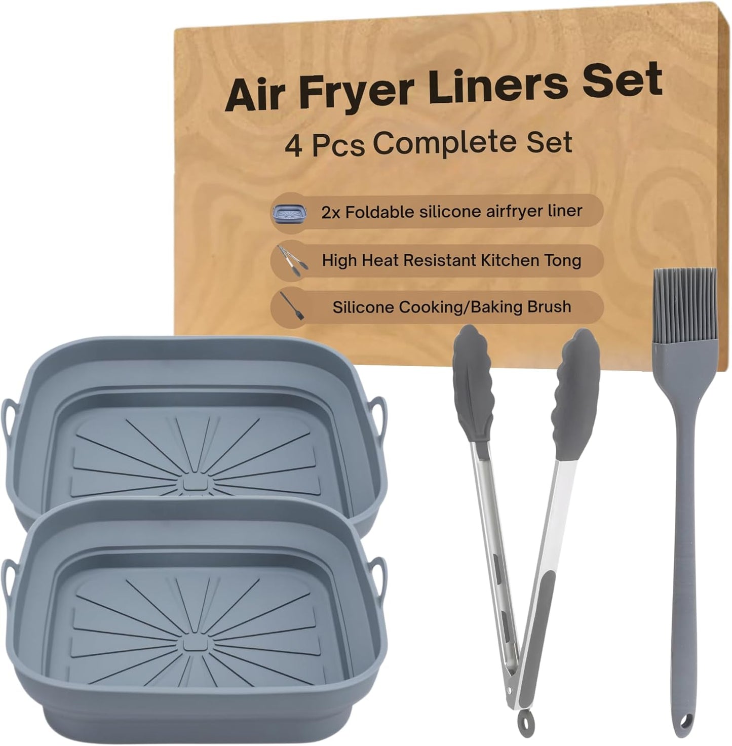 SAMIA 4PCs Reusable Silicone Air Fryer Liners Set - 8'' Collapsible Air fryer Liners with Cooking Tong & Basting Brush - BPA Free, Non-Stick, Food Safe Silicone Air Fryer Accessories