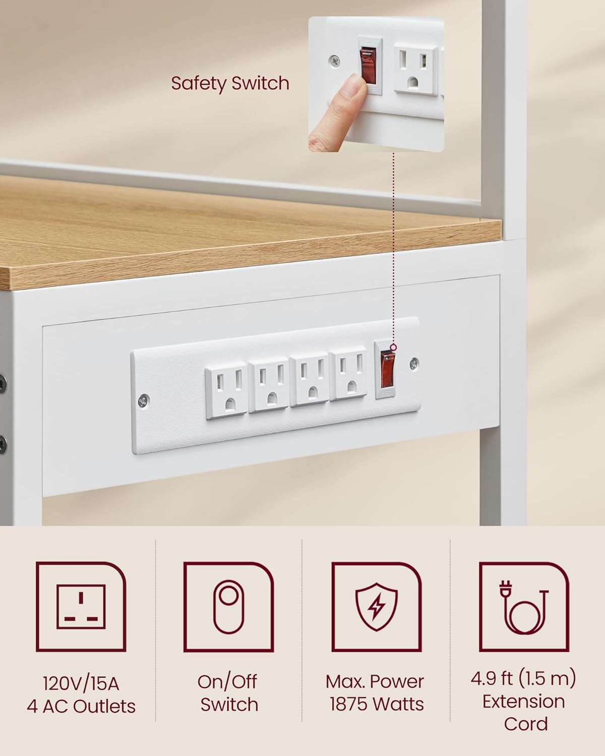 VASAGLE Bakers Rack with Power Outlet, 35.4 Inches Microwave Stand, Coffee Bar, 4 AC Outlets, with Adjustable Shelves, 8 S-Hooks, Basket, Spice Racks, Golden Oak and Cloud White UKKS031Y09