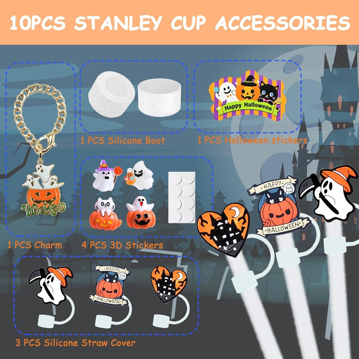 Stanley Cup Accessories Set,Including 3 Pcs 0.4in Halloween Straw Cover, 5 Pcs Halloween 3D&Flat Stickers, 1 Pcs Handle Charm, 1 Silicone Boot Fits Stanley 40&30 Oz Tumbler (Glitter Transparent)