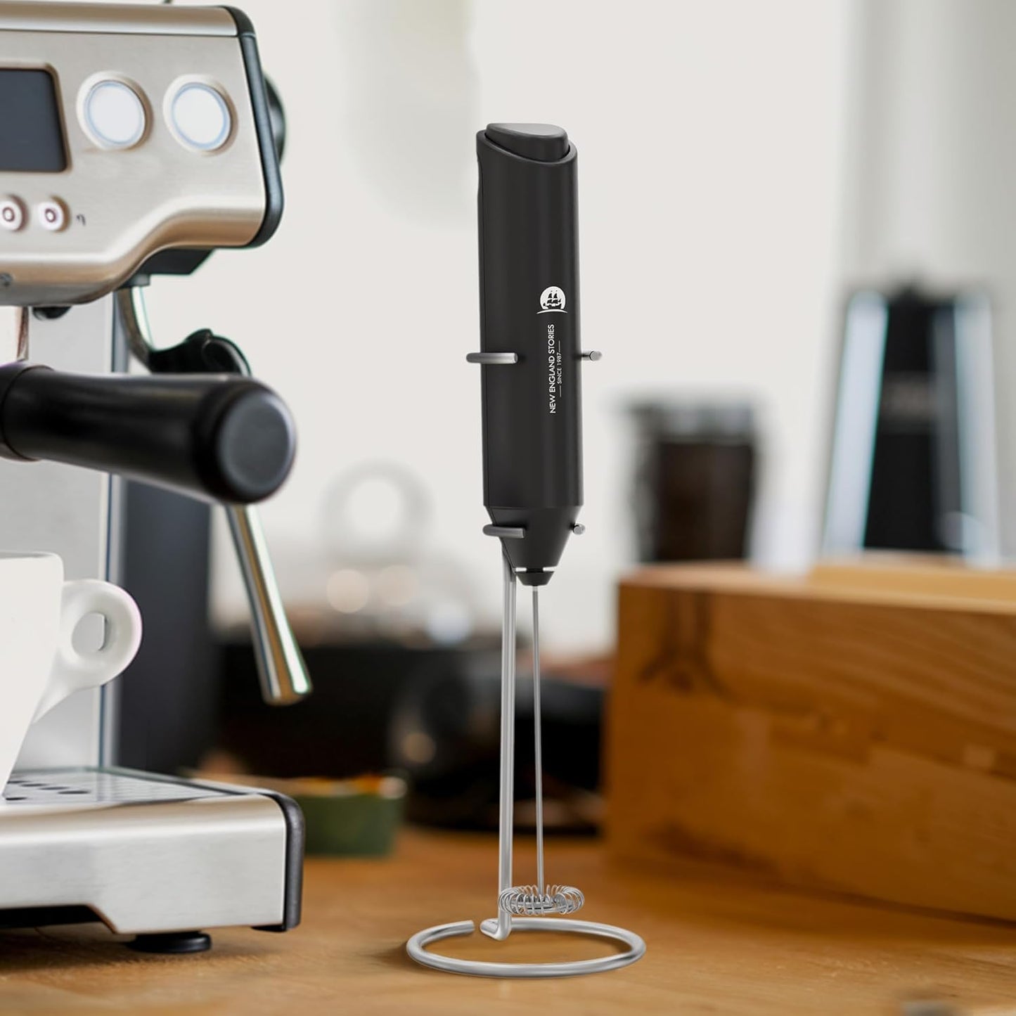 Milk Frother with Stand (Battery Included), Handheld Battery Operated Electric Foam Maker with Stainless Steel Whisk for Coffee, Latte, Cappuccino, Hot Chocolate