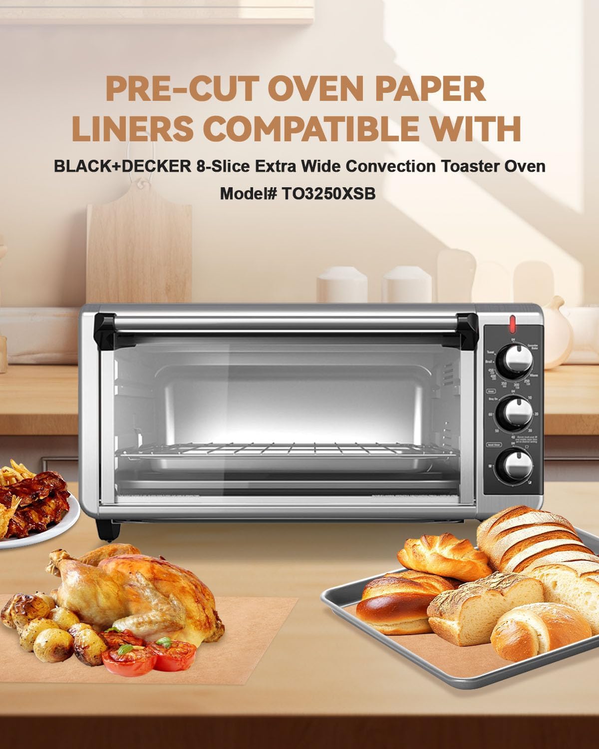 Air Fryer Liners Compatible with BLACK+DECKER 8-Slice Extra Wide Convection Toaster Oven TO3250XSB/TO3265XSSD/CTO6335S,125PCs Disposable Precut Nonstick Bcaking Parchment Paper Sheets for Easy Cleanup