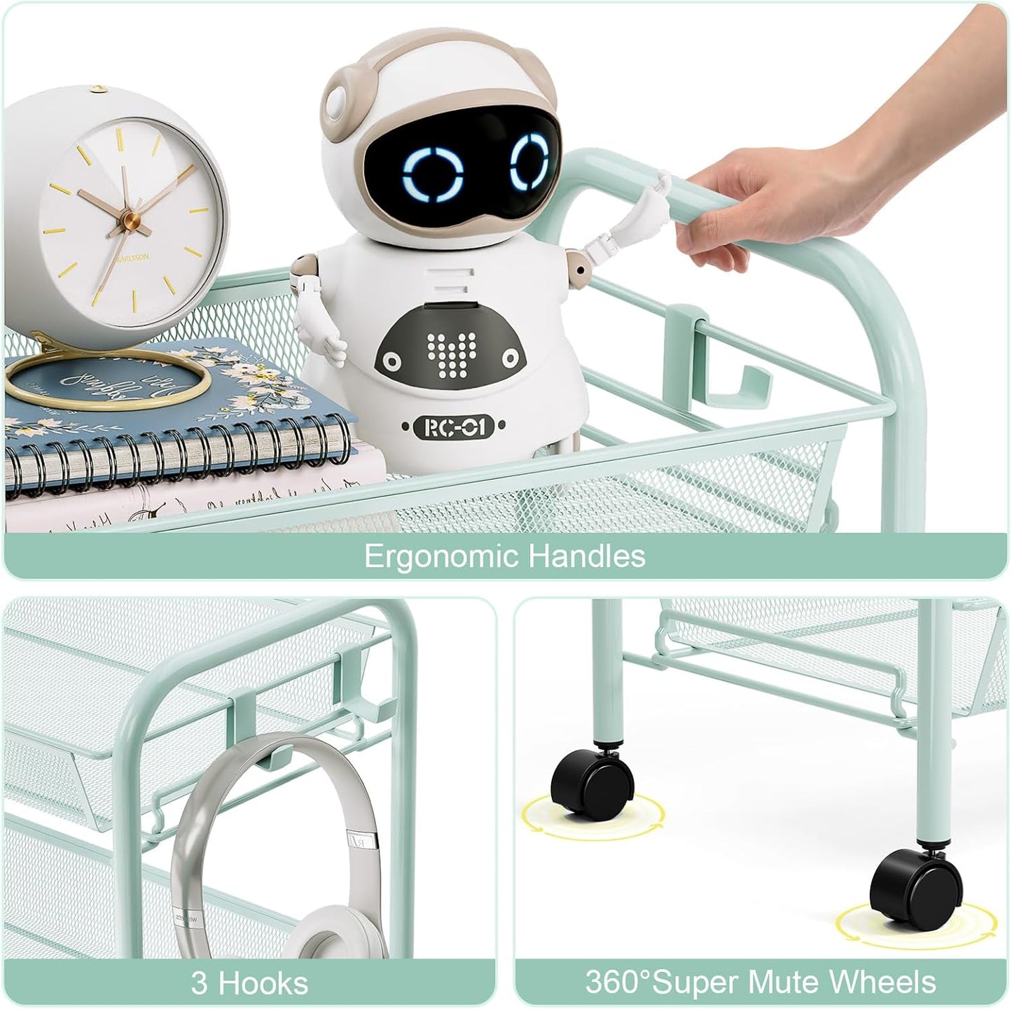 TOOLF 3-Tier Metal Rolling Cart, Mesh Wire Easy Assemble Utility Cart, Storage Trolley on Wheels with 3 Hooks, MetalStorage Shelving Units for Kitchen Bathroom Laundry Room