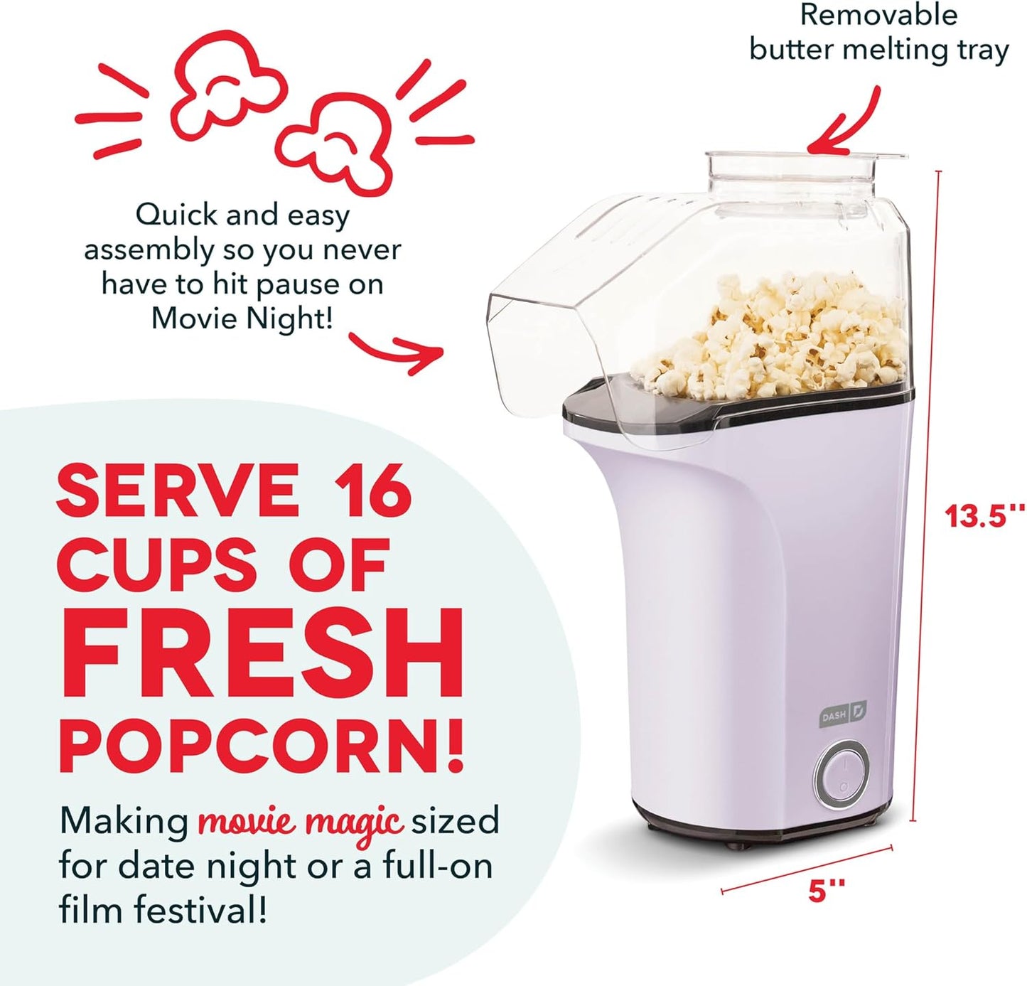 DASH Hot Air Popcorn Popper Maker with Measuring Cup to Portion Popping Corn Kernels + Melt Butter, 16 Cups - Lavender