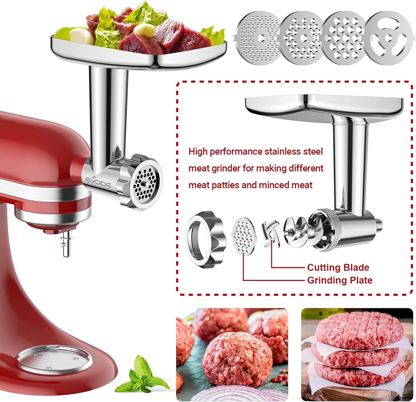 Stainless Steel Meat Grinder Attachment for KitchenAid Stand Mixer, Food Grinder attachment with 4 Grinding Plates, 3 Sausage Stuffer Tubes, 2 Grinding Blades, Mixers Accessories for Kitchen Aid