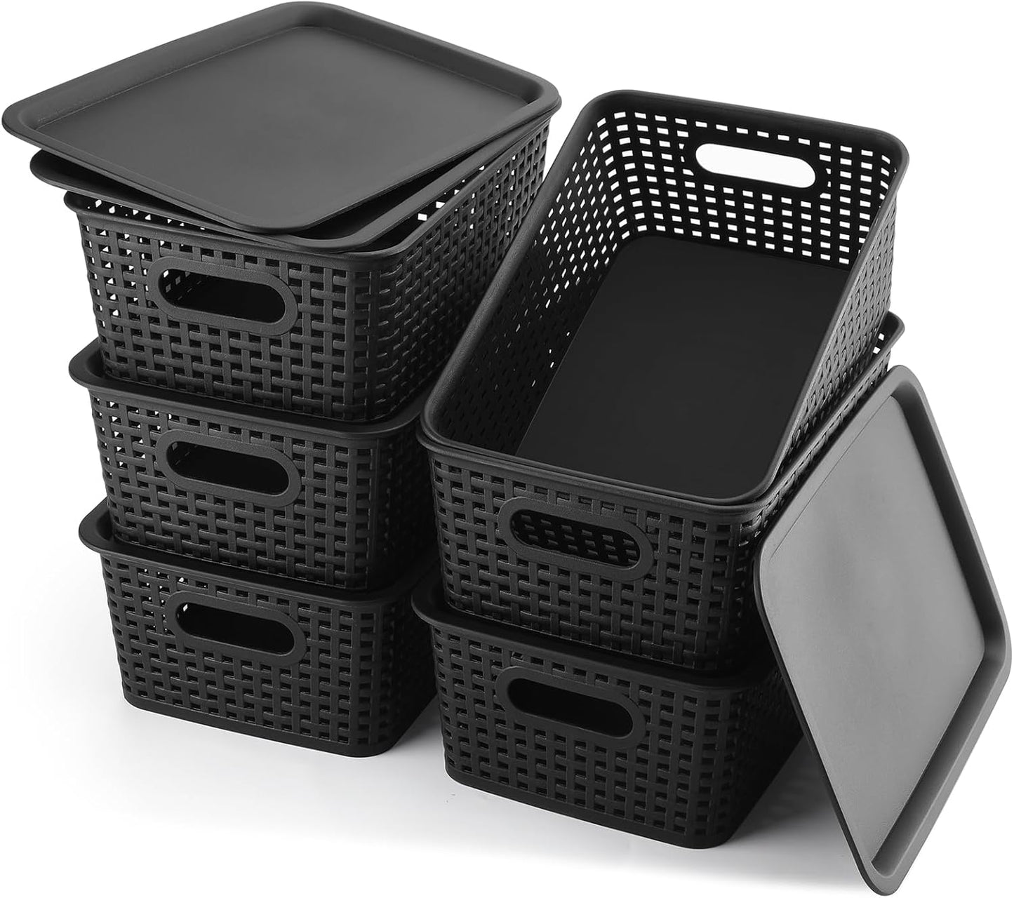 AREYZIN Storage Bins Plastic Storage Baskets With Lid Small Baskets for Organizing Stackable Storage Container Organizer Bins for Shelves Drawers Desktop Playroom Classroom Office, 6 Pack,Black