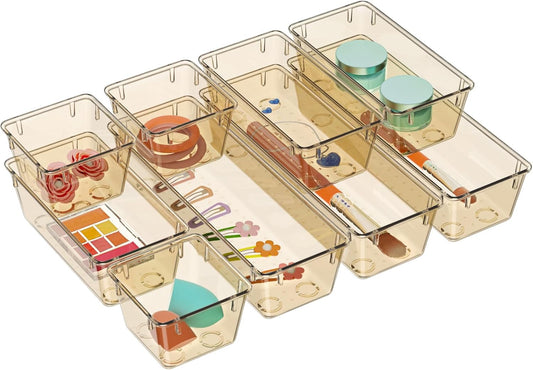 WOWBOX 9 Pack Clear Drawer Organizer Set, Acrylic Drawer Storage Trays, Storage Bins for Makeup, Cosmetics, Jewelries, Utensils, Gadgets, Office, Champagne