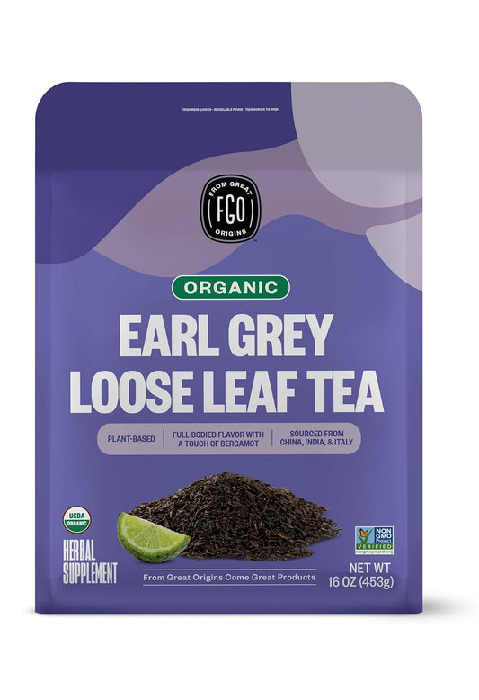 FGO Organic Earl Grey Black Tea, 16 Ounce Loose Leaf Bulk Resealable Bag, 16oz, Packaging May Vary (Pack of 1)