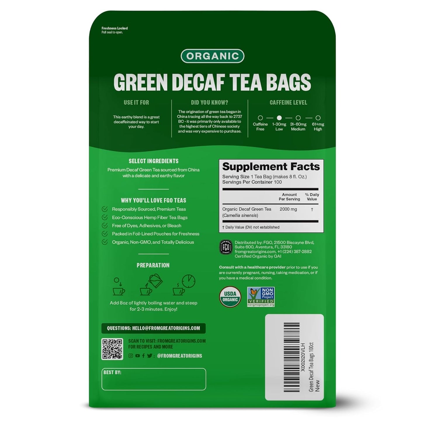 FGO Organic Green Decaf Tea, 100 Count, Eco-Conscious Tea Bags, Resealable Bag, Caffeine Free, Packaging May Vary (Pack of 1)