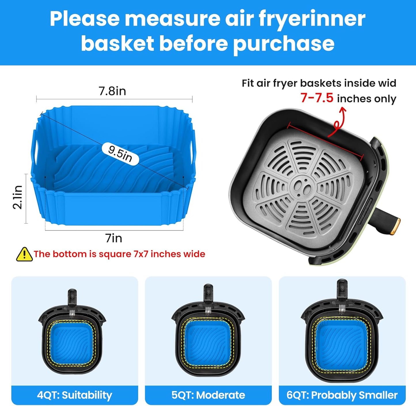 Redfly 2 Pack Silicone Air Fryer Liners, Square Reusable Non-Stick Basket Inserts for 4-5 QT Air Fryers, Dishwasher Safe Parchment Paper Replacement Accessories Red&Blue