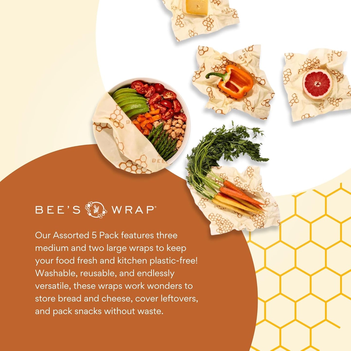 Bee's Wrap Beeswax Wraps for Food - Made in USA Reusable & Organic Food Wraps & Bowl Covers - Eco-Friendly Alternative to Aluminum Foil & Plastic Wrap, Honeycomb 5 Pack (2L, 3M)