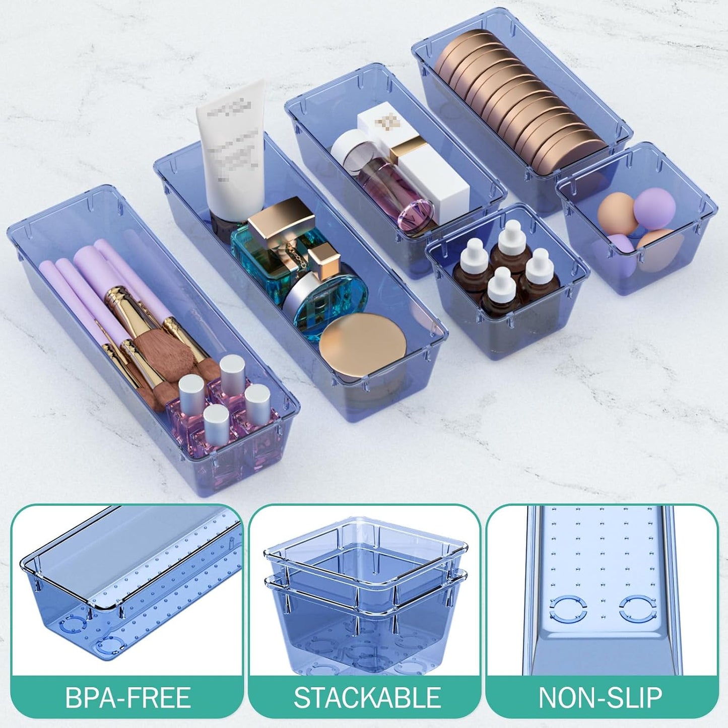 WOWBOX 6 Pack Clear Drawer Organizer Set, Acrylic Drawer Storage Trays, Storage Bins for Makeup, Cosmetics, Jewelries, Utensils, Gadgets, Office, Dark Blue