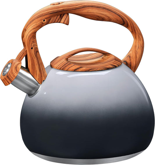 GGC Tea Kettle for Stove Top, 3.1QT/3L Whistling Tea Kettles for Boiling Water Coffee or Milk, Grey&Black Gradient kettle Pot with Wood Parttern Handle, Stainless Steel Pot for Home and Kitchen