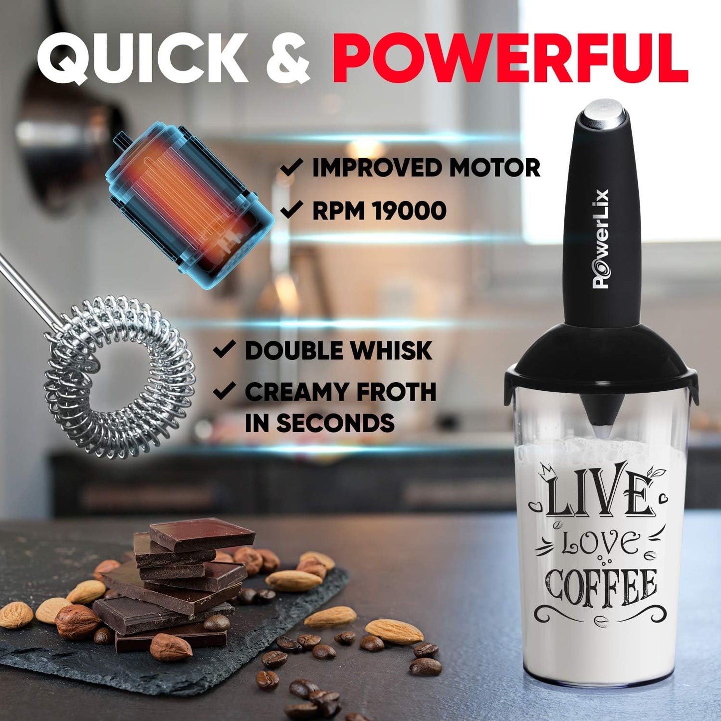 PowerLix Powerful Handheld Milk Frother With Stand Battery Operated Foam Maker Frother Wand For Coffee (A Black) (No Stand Cup Set)