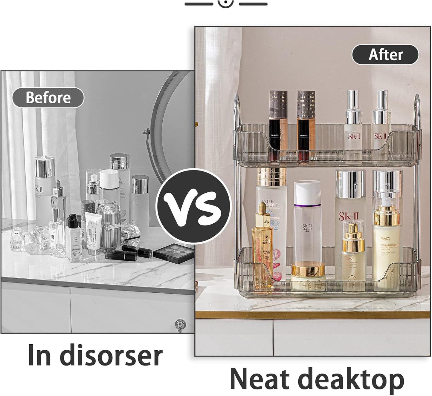 Bathroom Counter Organizer - Countertop Storage, Cosmetics & Skincare Shelf, Makeup Organizer, Perfume Tray, Spice Rack for Kitchen (2 Tier - Grey)