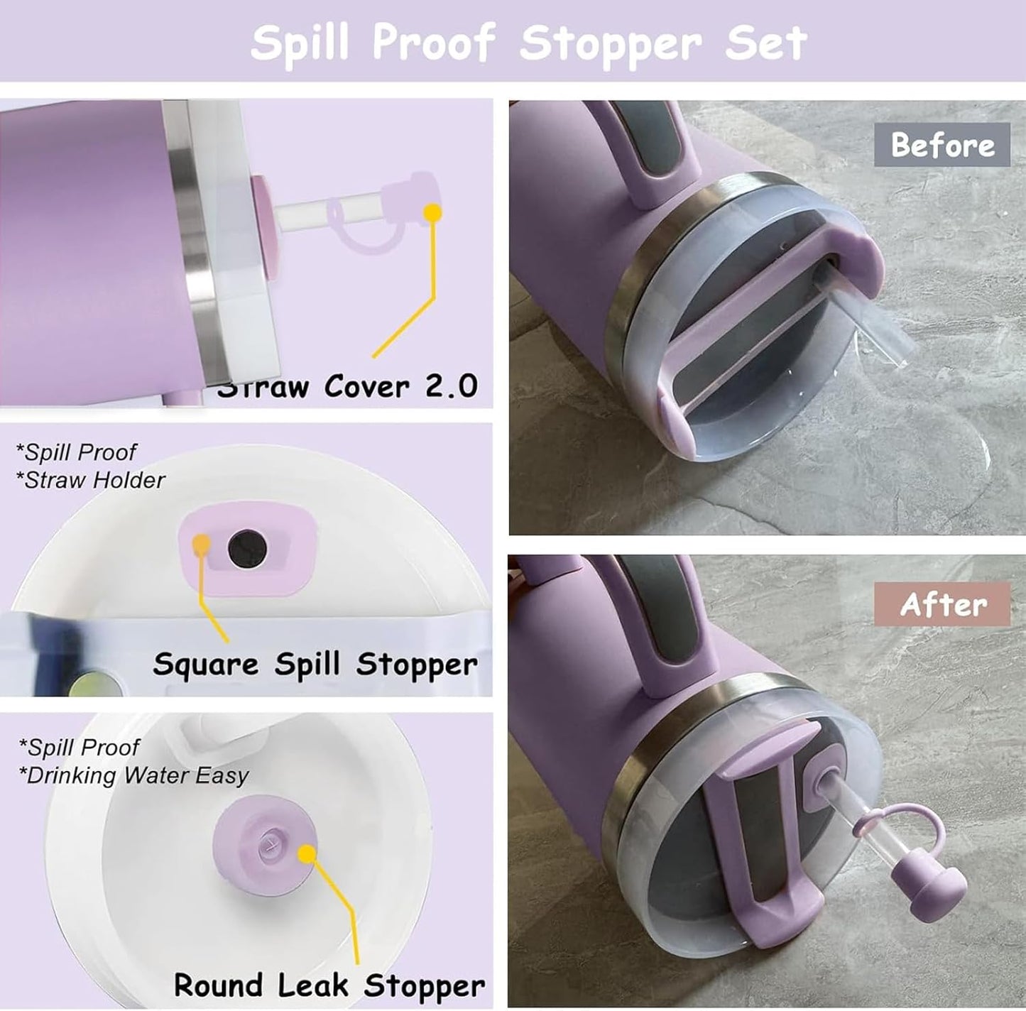 Stanley Cup Accessories Set,Including 2 Pcs 0.4in Straw Cover, 1 Silicone Spill-Proof Stopper Set of 3, 1 Cute Purple Flower Handle Charm, 1 Silicone Boot Fits Stanley 40&30 Oz Tumbler (Purple)