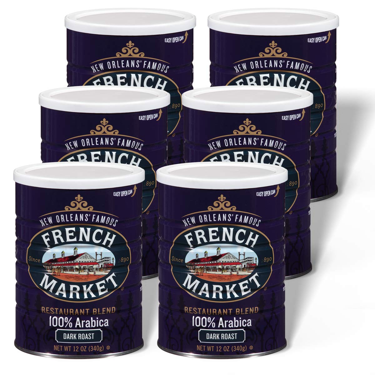 French Market Coffee & Chicory Restaurant Blend Dark Roast Ground Coffee, 12oz Can (Pack of 6)