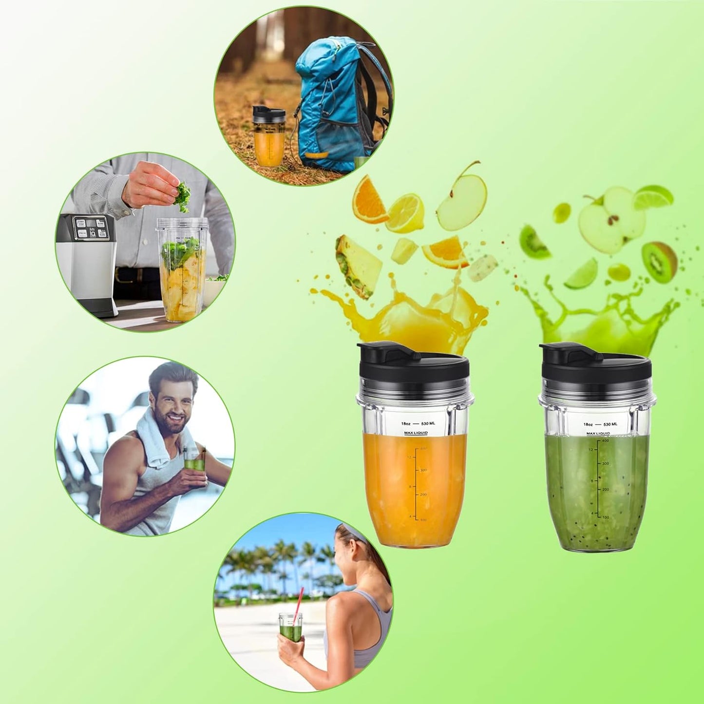 [Upgraded] Replacement 18oz Cups for Nutri Ninja Blenders, Blender Replacement Parts with Upgraded Lid For Auto-IQ BL480, BL482, BL490, BL640, BL642, & BL680 Auto IQ Series Blenders., 2 Pack