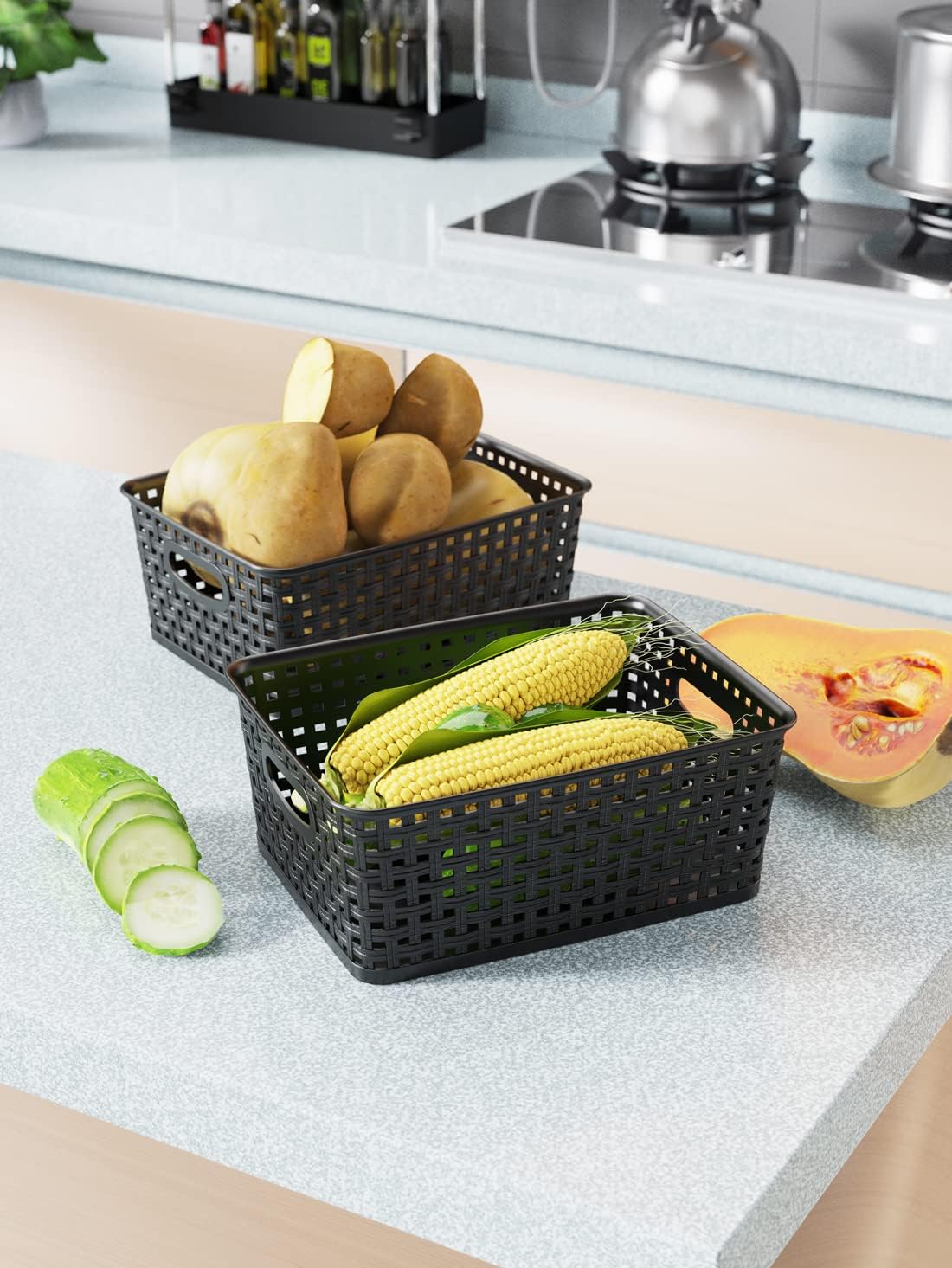 WYT 12-Pack Plastic Small Shelf Storage Weave Baskets for Organizing, Black
