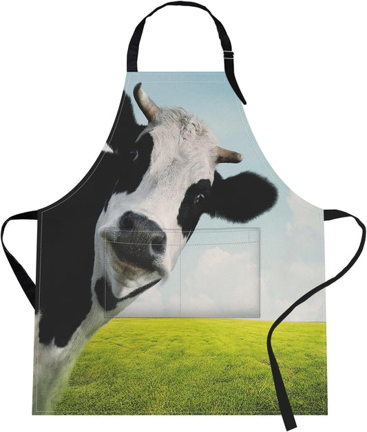 Britimes Apron Home Kitchen Waterproof Cooking Baking Gardening for Women Men With Pockets Funny Cow On Green Grassland 32x28 inch