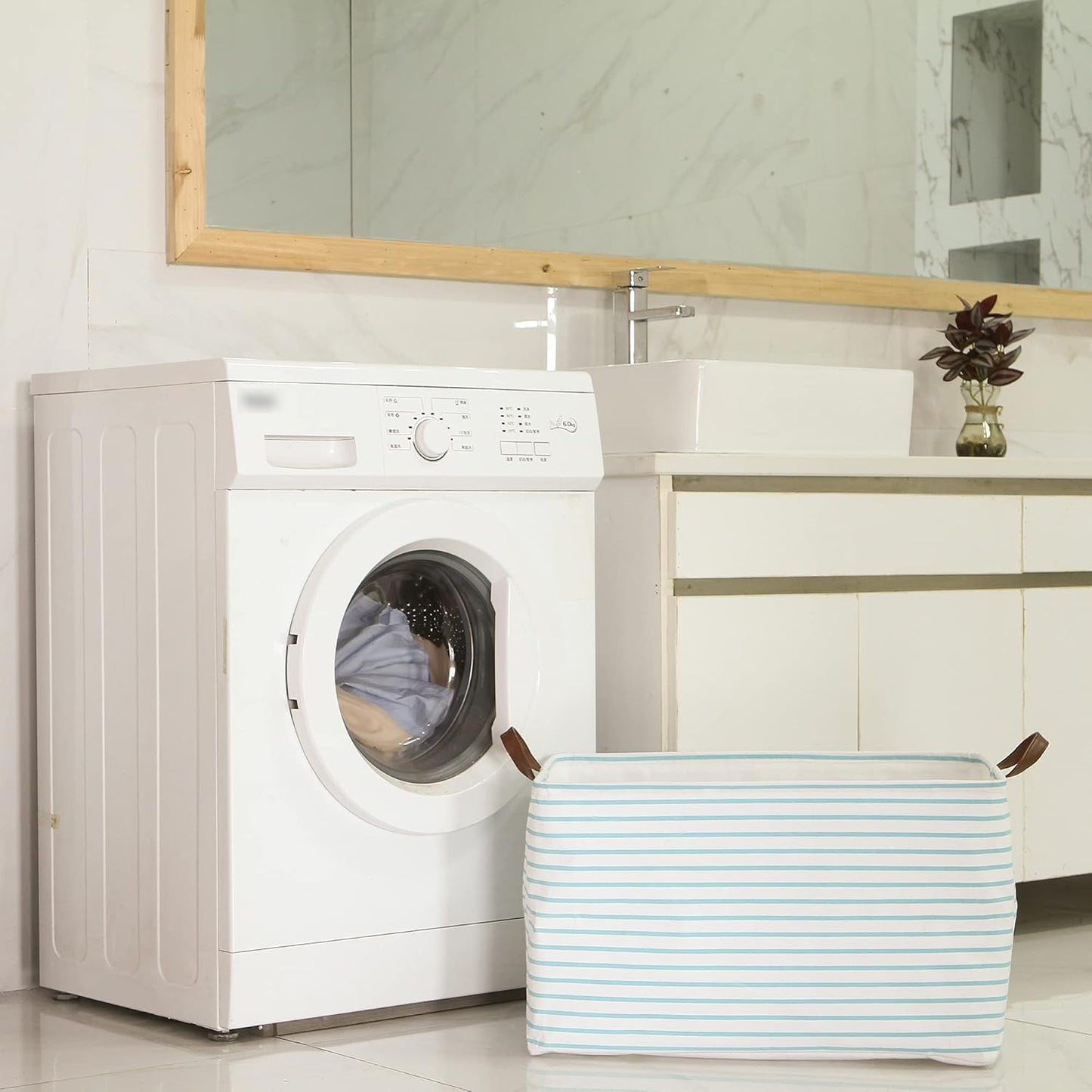 Hinwo 70L Extra Large Storage Bins, Closet Organizers and Storage, Foldable Clothes Storage Baskets with Handles, Containers for Clothing, Blanket, Comforters, Toys, Bedding (Aqua Stripe)