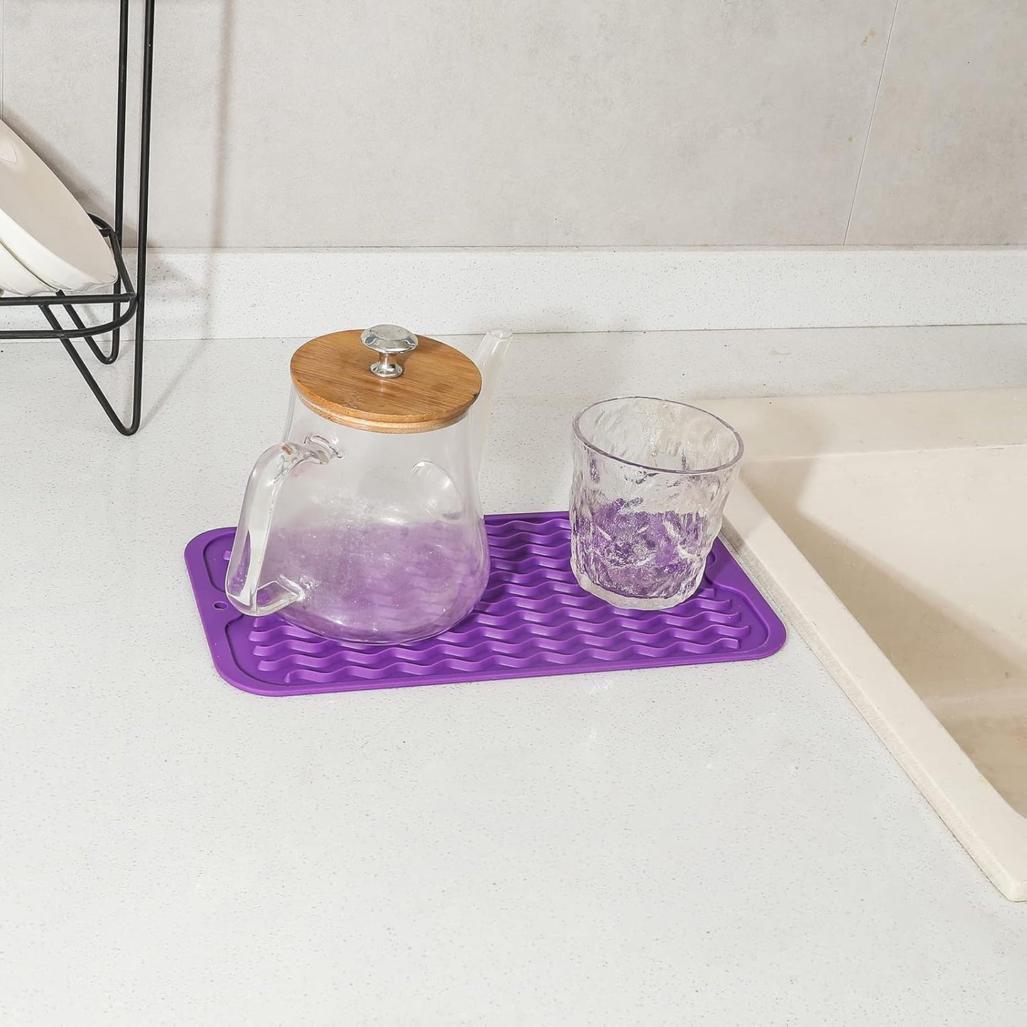 Silicone Dish Drying Mat for Multiple Usage,Easy clean,Eco-friendly,Heat-resistant Silicone Mat for Kitchen Counter or Sink,Refrigerator or Drawer Liner Purple S 12 inches x 6 inches