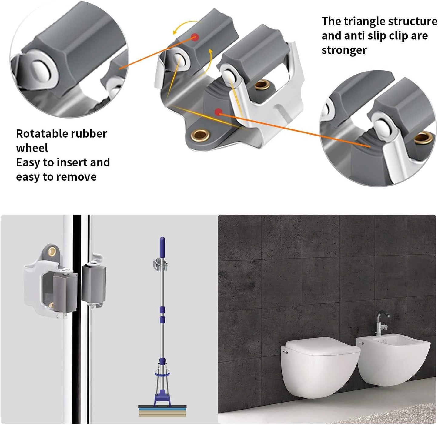 3-H Mop and Broom Holder Big Size Hanging 1 KG Extra,10 Pack Broom Hanger Wall Mount for Hanging and Organizing Shove Rake Yard Tools in Kitchen Shed Laundry Room Bathroom Garden(Grey)