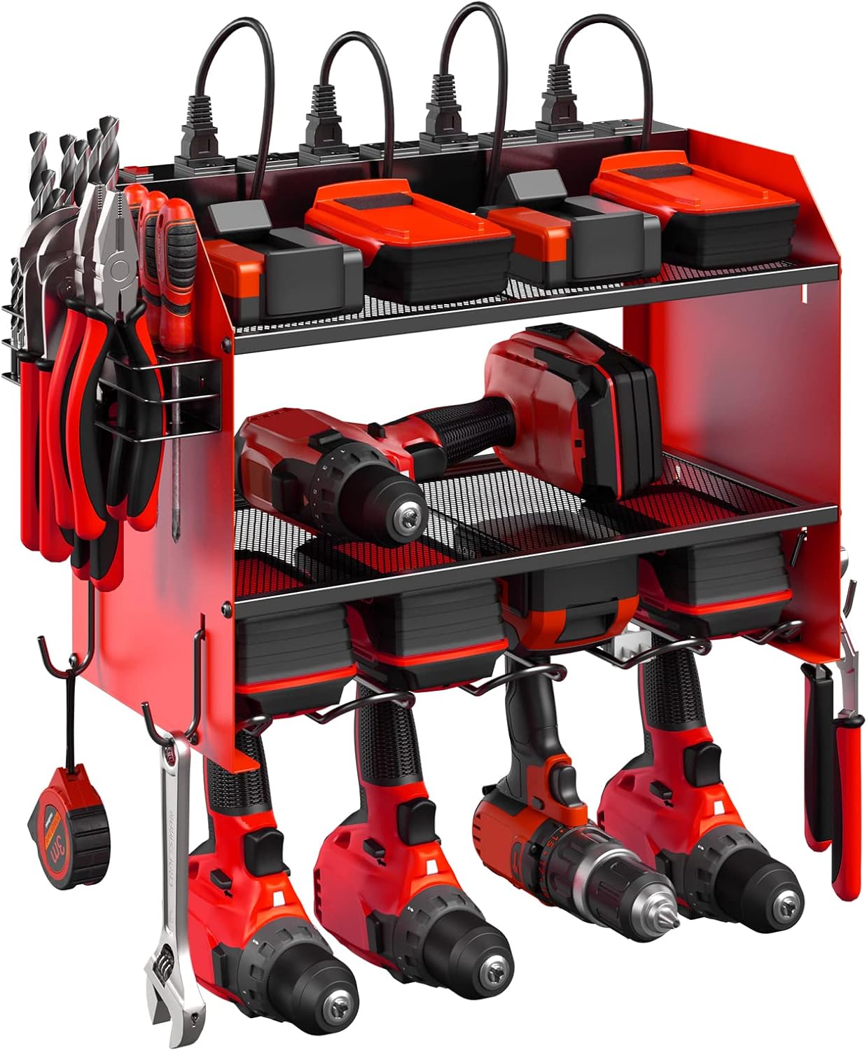 CCCEI Modular Power Tool Organizer Wall Mount with Charging Station. Garage Drill Storage Shelf with Hooks, Heavy Duty Rack, Tool Battery Holder Built in 8 Outlet. Gift for Men. Red, 2 Pack.